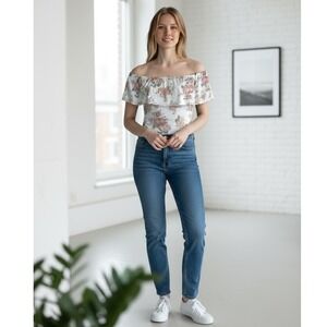 Violet Moon Floral Off Shoulder Ruffle‎ Trim Bodysuit Top M-Cottagecore Romantic